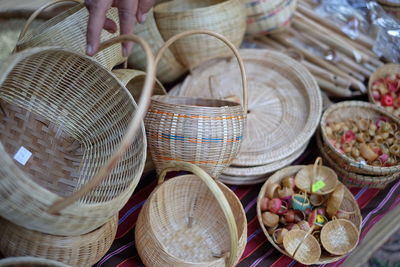 High angle view of wicker baskets for sale in market