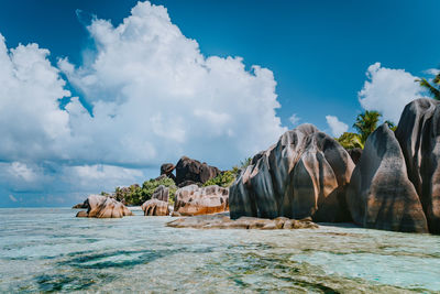 Panoramic view of rocks on beach against sky