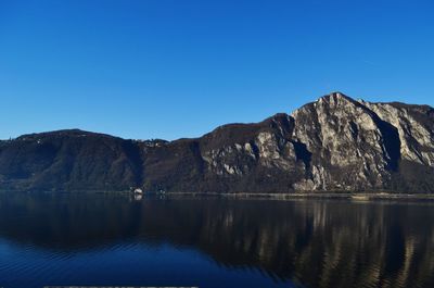 Scenic view of mountains against clear blue sky