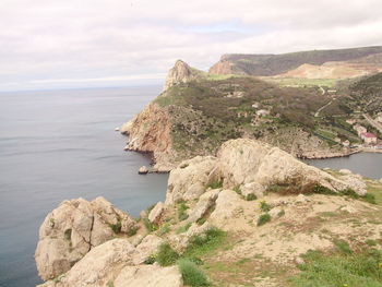 Scenic view of mountains and sea against sky