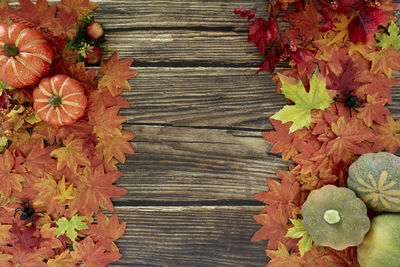 Full frame shot of red leaves on wood