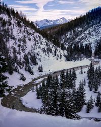 Scenic view of snow covered mountains against sky