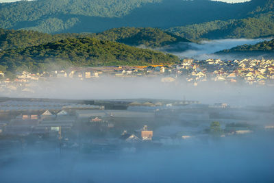 High angle view of foggy city