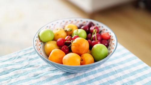 High angle view of fruits in bowl on table