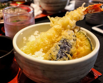 High angle view of food in bowl on table