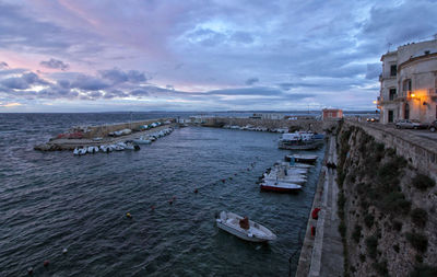 High angle view of sea against sky at sunset