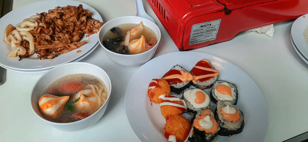 High angle view of food in plate on table