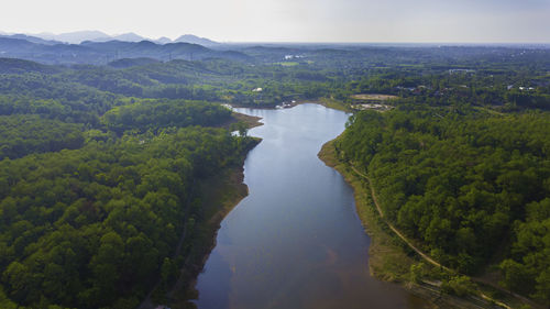 High angle view of river amidst trees against sky