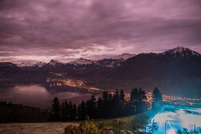 Scenic view of lake by mountains against sky