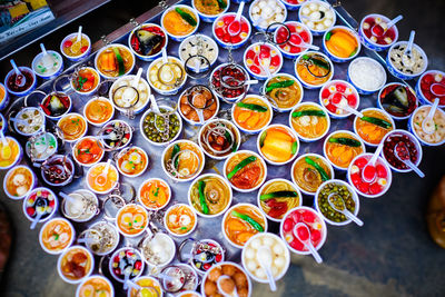 High angle view of multi colored candies for sale