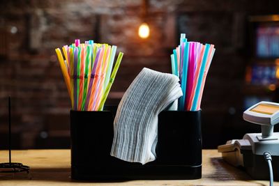 Close-up of multi colored candies on table
