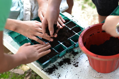 High angle view of people planting in back yard