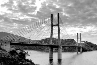 Suspension bridge over river against sky