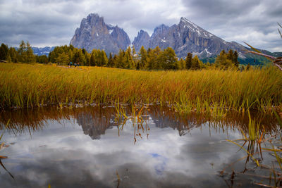Scenic view of lake and mountains against sky