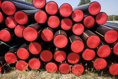 Stacked tubes on field