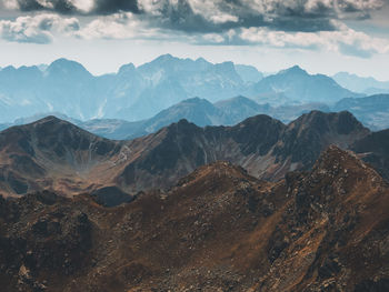 Scenic view of mountains against cloudy sky