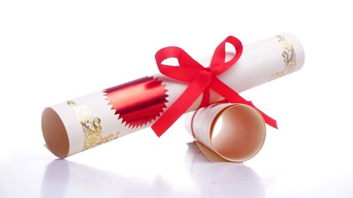 Close-up of christmas decoration against white background