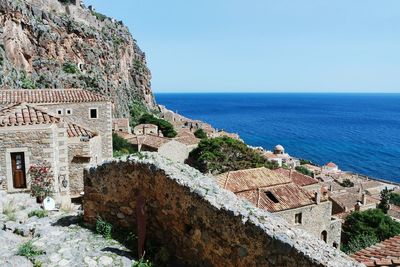 High angle view of old town by sea