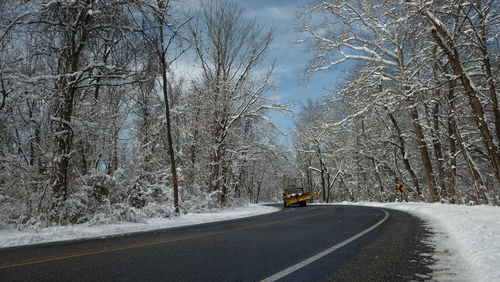 Snow covered road amidst bare trees during winter