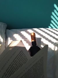 High angle view of book on table