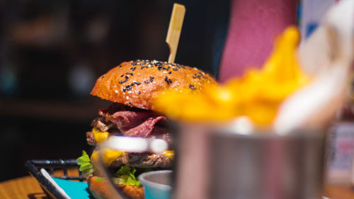 Close-up of meat on barbecue grill