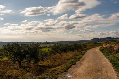 Dirt road along landscape and against sky