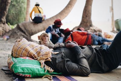 Monkey sitting by man resting at beach