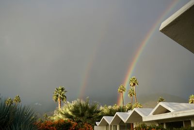 Low angle view of rainbow over houses against sky