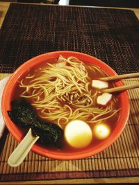 High angle view of noodles in bowl on table