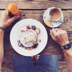 High angle view of breakfast served on table