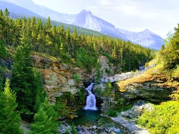 Scenic view of waterfall in mountains