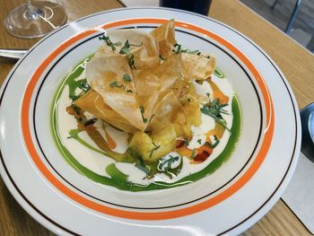 High angle view of meal served on table