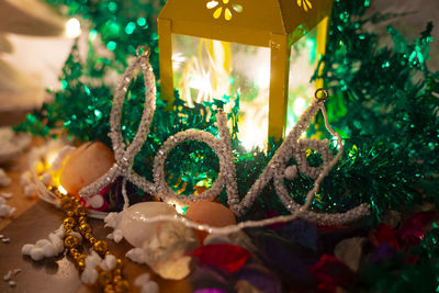 Close-up of illuminated christmas tree