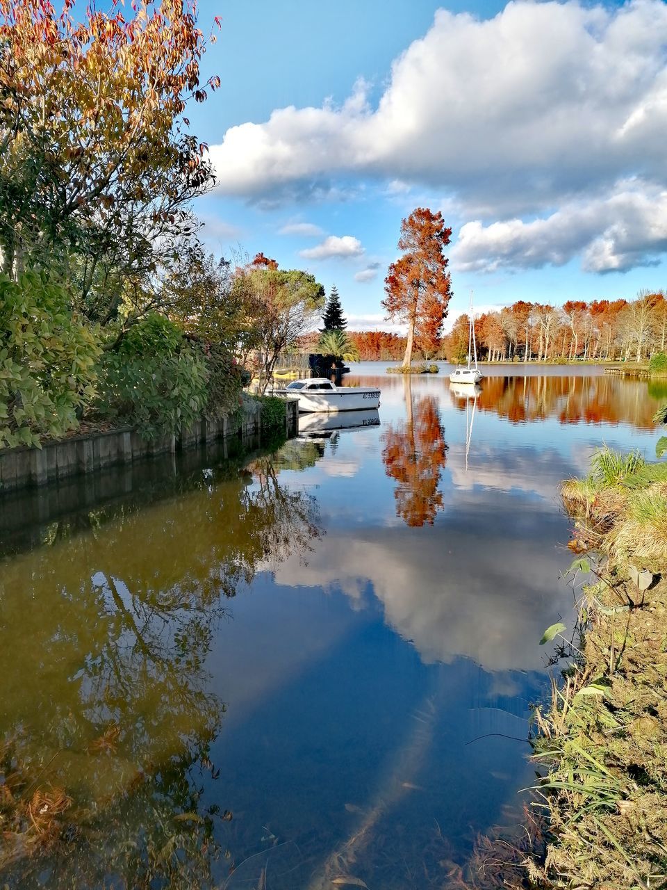 reflection, water, autumn, river, sky, nature, tree, plant, cloud, environment, landscape, scenics - nature, beauty in nature, leaf, no people, architecture, travel destinations, tranquility, body of water, travel, outdoors, blue, flower, pond, tourism, land, day, built structure, tranquil scene, waterway, building, building exterior, morning, city