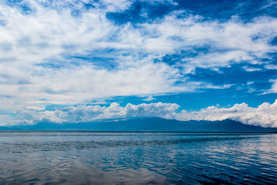 Scenic view of lake against cloudy sky