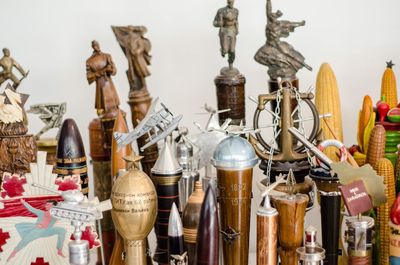 Close-up of wine bottles on table