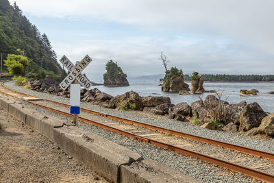 Railroad tracks by water against sky