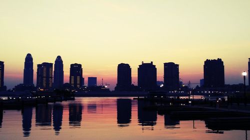 City skyline at sunset