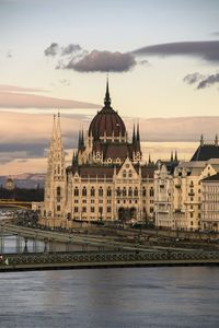 Hungarian parliament building and river against sky