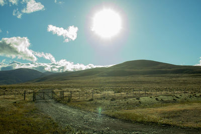 Scenic view of field against bright sun