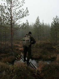 Rear view of man standing on wood in forest during foggy weather