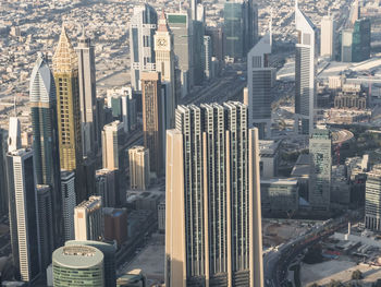 High angle view of modern buildings in city