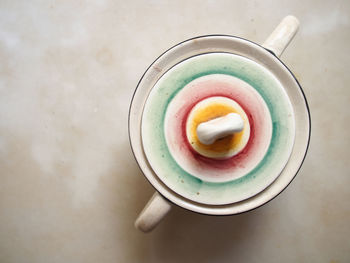 High angle view of breakfast on table