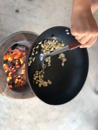 High angle view of person preparing food