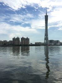 Pearl river by canton tower against sky