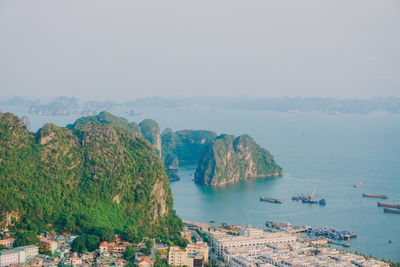 High angle view of bay against sky