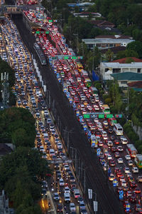 High angle view of street amidst buildings in city