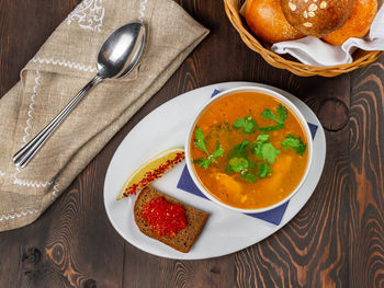 High angle view of breakfast served on table