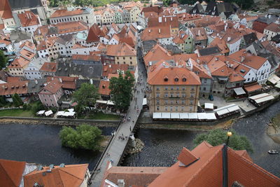 High angle view of houses in town