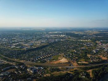 High angle view of townscape against clear sky